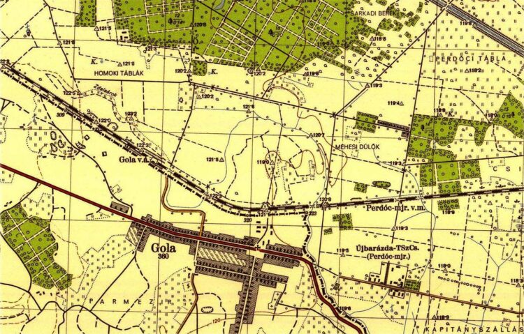 Gola, a vasútállomás és Perdócmajor, 1951. Forrás: ELTE Térképtár