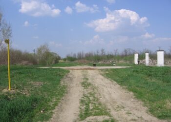 A nyomvonal; jobbra az egykori sántosi sertéshízlaló bejárata